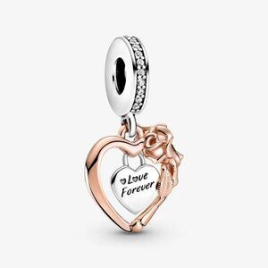 🌺Pandora silver heart & rose flower dangle charm love forever